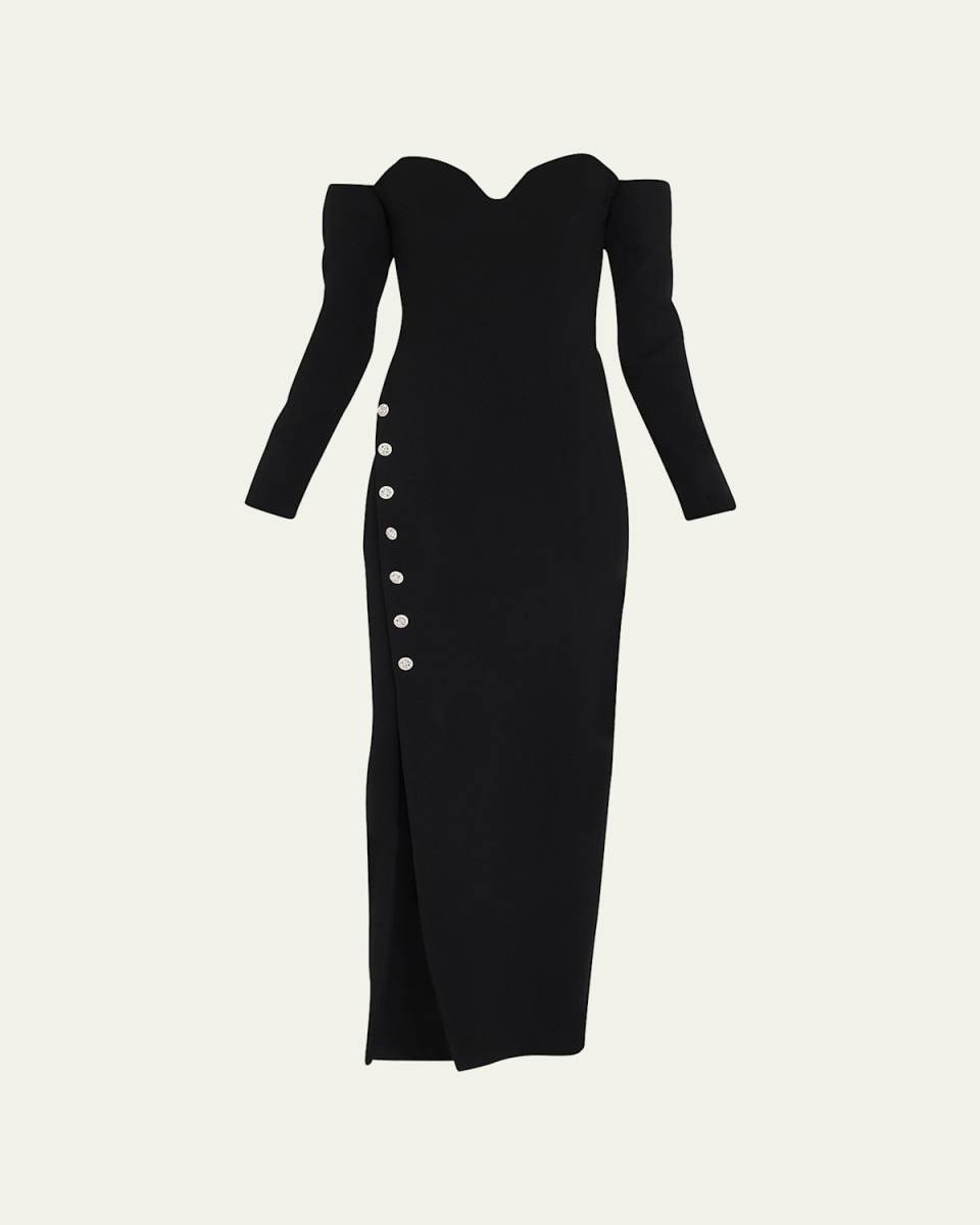 Off-Shoulder Gown w Rhinestone Detail Buttons